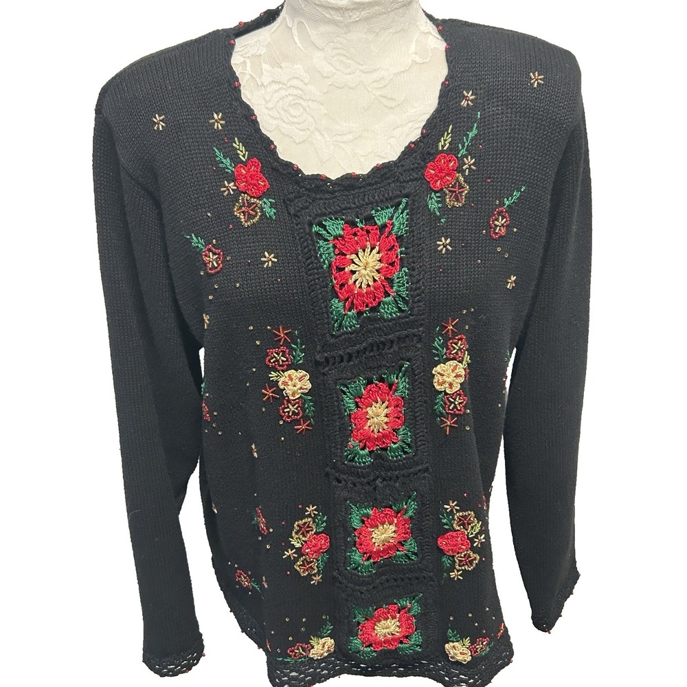 Vtg  Arriviste Christmas Sweater Sz L  Embroidered Beaded Crochet Granny Squares